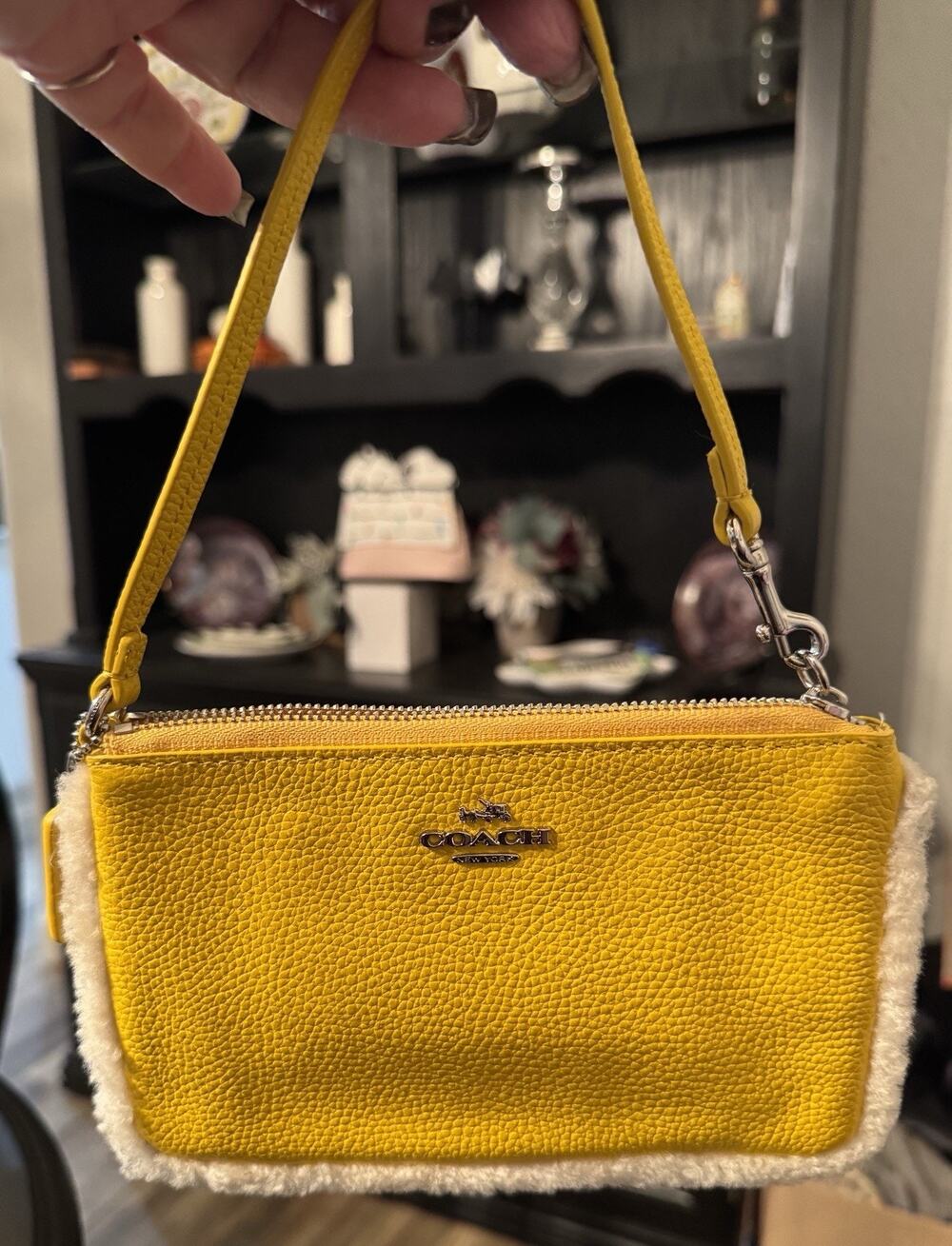 NWOT New Coach Small Wristlet Pebbled Leather With Shearling Trim